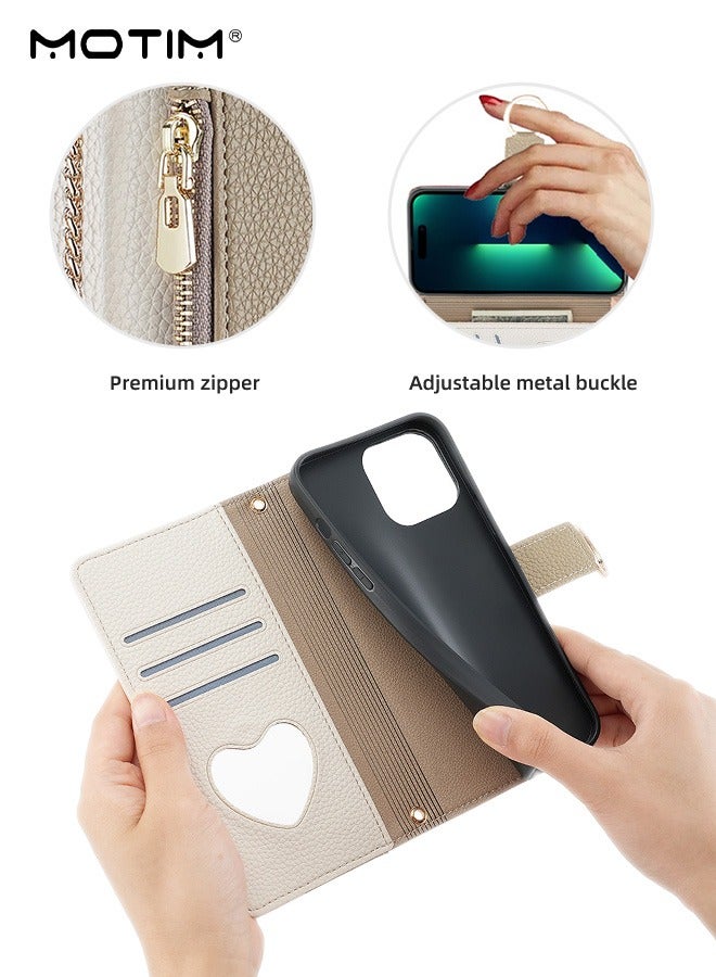 Motim iPhone 15 Pro Case with Lanyard Strap and Card Holder, Protective Crossbody Wallet Leather Handbag Purse Protective Case with Kickstand, Make Up Mirror Cover Phone Case  - Image 3