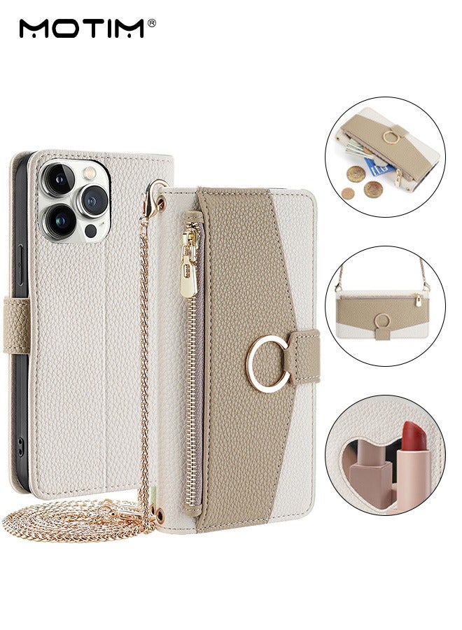 Motim iPhone 15 Pro Case with Lanyard Strap and Card Holder, Protective Crossbody Wallet Leather Handbag Purse Protective Case with Kickstand, Make Up Mirror Cover Phone Case  - Image 1