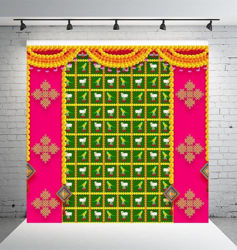 DHARA CREATION Dhara Pink Rangoli Cow and Parrot Printed 8FT8FT Backdrop Cloth for Pooja Functions Traditional Background Curtain Cloth for Festival Washable Fabric - Image 1