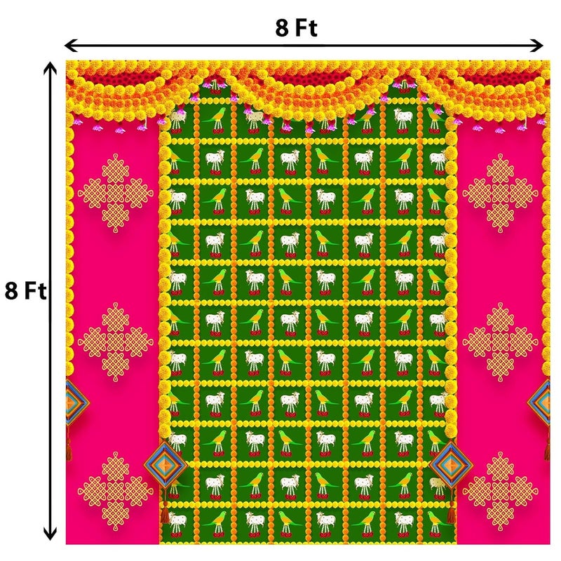 DHARA CREATION Dhara Pink Rangoli Cow and Parrot Printed 8FT8FT Backdrop Cloth for Pooja Functions Traditional Background Curtain Cloth for Festival Washable Fabric - Image 2