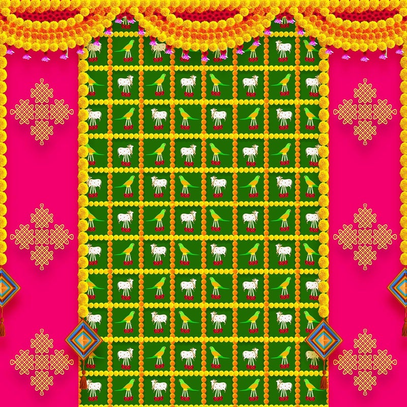 DHARA CREATION Dhara Pink Rangoli Cow and Parrot Printed 8FT8FT Backdrop Cloth for Pooja Functions Traditional Background Curtain Cloth for Festival Washable Fabric - Image 3