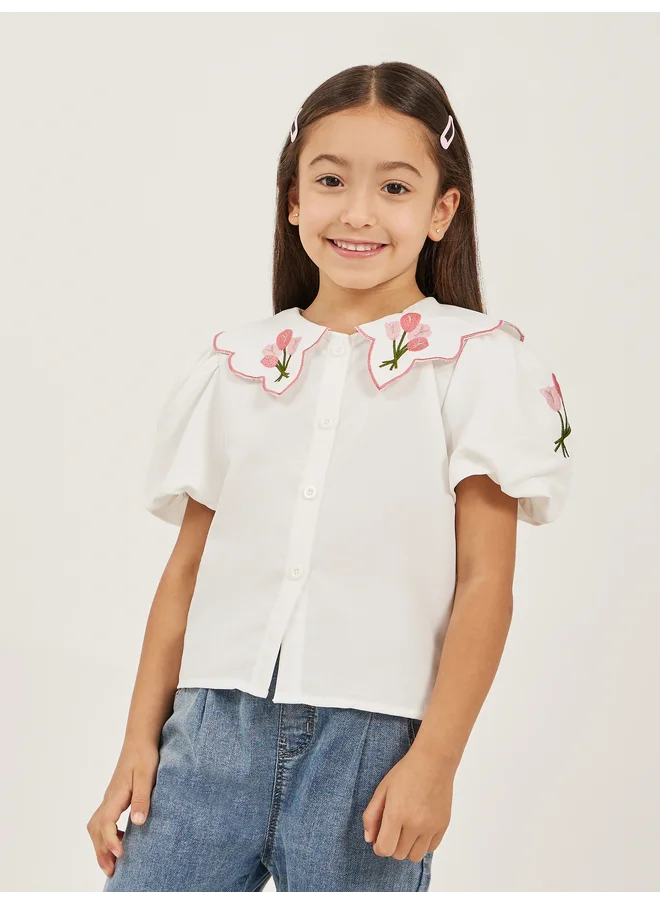 Styli Styli Embroidered Peter Pan Collar Buttoned Top