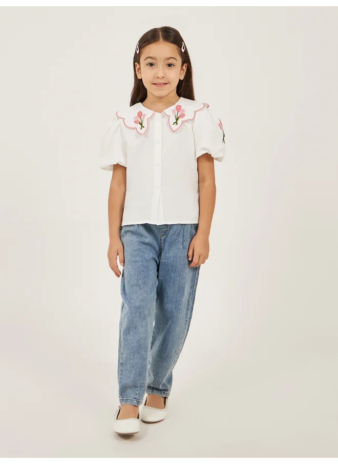 Styli Styli Embroidered Peter Pan Collar Buttoned Top