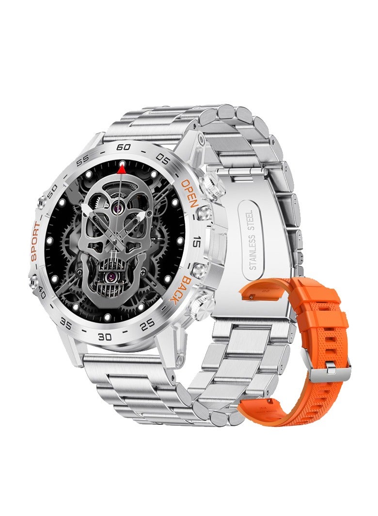 Smart Watch for Men(Answer/Dial Calls),1.39''HD Touchscreen,5ATM Waterproof Fitness Watch,100 Sports Modes, with Blood Pressure/Heart Rate/SpO2 for Android/iOS Smart Watch Sliver Steel+Orange Silicone - Image 1