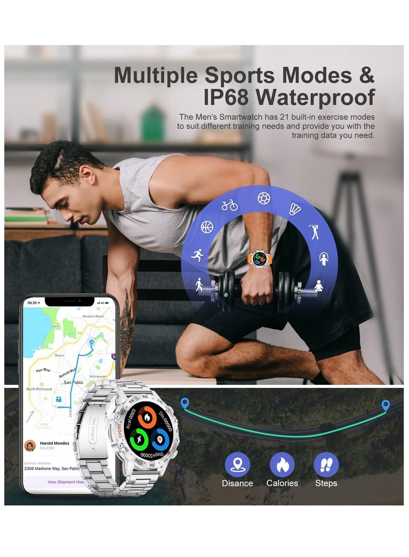 Smart Watch for Men(Answer/Dial Calls),1.39''HD Touchscreen,5ATM Waterproof Fitness Watch,100 Sports Modes, with Blood Pressure/Heart Rate/SpO2 for Android/iOS Smart Watch Sliver Steel+Orange Silicone - Image 4