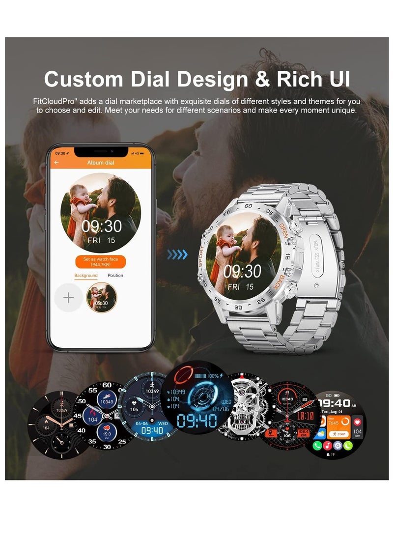 Smart Watch for Men(Answer/Dial Calls),1.39''HD Touchscreen,5ATM Waterproof Fitness Watch,100 Sports Modes, with Blood Pressure/Heart Rate/SpO2 for Android/iOS Smart Watch Sliver Steel+Orange Silicone - Image 5