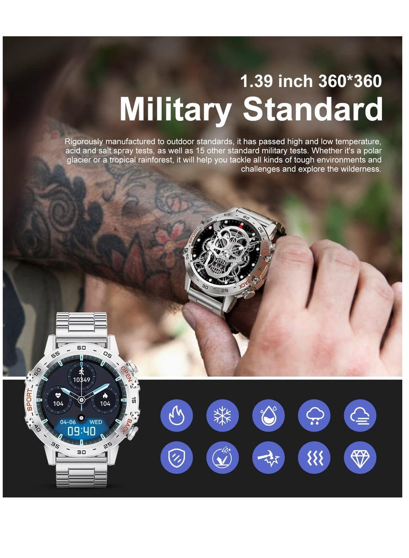 Smart Watch for Men(Answer/Dial Calls),1.39''HD Touchscreen,5ATM Waterproof Fitness Watch,100 Sports Modes, with Blood Pressure/Heart Rate/SpO2 for Android/iOS Smart Watch Sliver Steel+Orange Silicone - Image 2