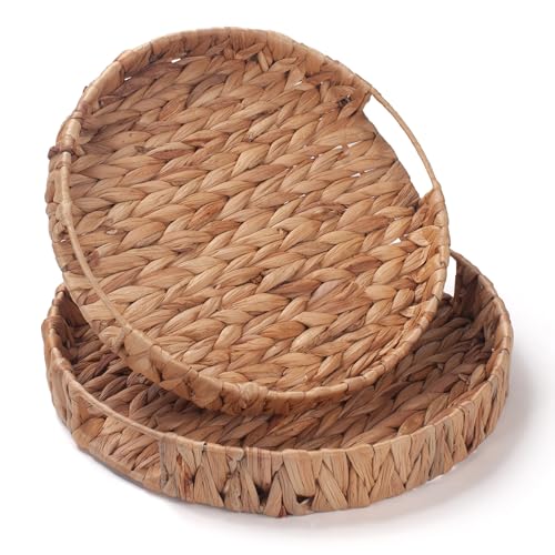IVAILEX Round Serving Tray for Coffee Table Water Hyacinth Decorative Ottoman Tray with Handle Set of 2 (11.8inch + 13.4inch) - Image 2