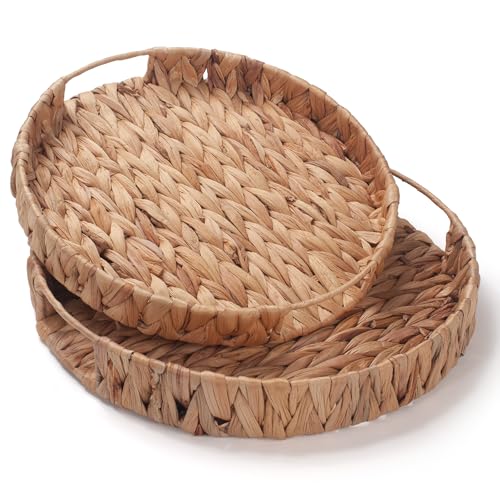 IVAILEX Round Serving Tray for Coffee Table Water Hyacinth Decorative Ottoman Tray with Handle Set of 2 (11.8inch + 13.4inch) - Image 1