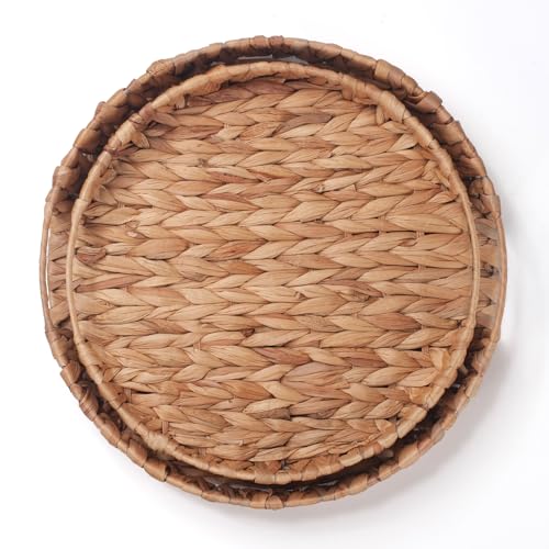 IVAILEX Round Serving Tray for Coffee Table Water Hyacinth Decorative Ottoman Tray with Handle Set of 2 (11.8inch + 13.4inch) - Image 3