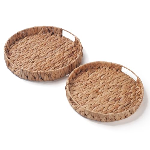 IVAILEX Round Serving Tray for Coffee Table Water Hyacinth Decorative Ottoman Tray with Handle Set of 2 (11.8inch + 13.4inch) - Image 4