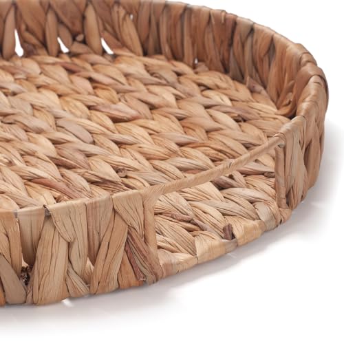 IVAILEX Round Serving Tray for Coffee Table Water Hyacinth Decorative Ottoman Tray with Handle Set of 2 (11.8inch + 13.4inch) - Image 5