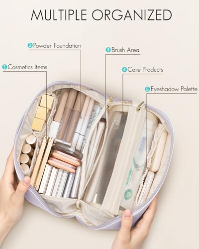 Vlando Makeup Bag,Large Capacity Toiletry Bag for Women Waterproof Portable Make up Pouch PU Leather Open Flat Cosmetic Bag(Purple) - Image 3