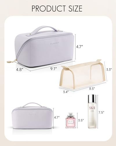 Vlando Makeup Bag,Large Capacity Toiletry Bag for Women Waterproof Portable Make up Pouch PU Leather Open Flat Cosmetic Bag(Purple) - Image 5