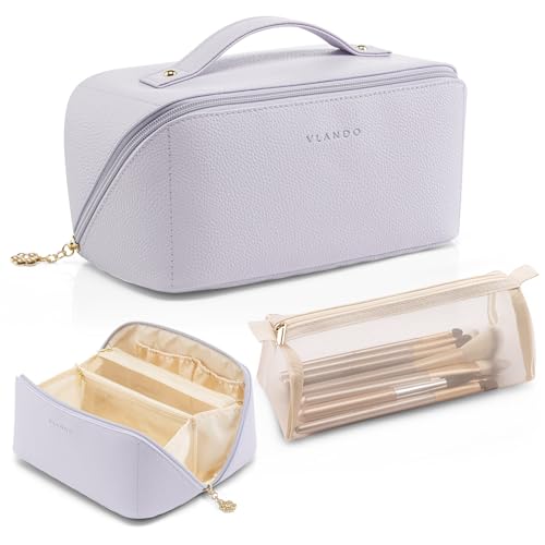 Vlando Makeup Bag,Large Capacity Toiletry Bag for Women Waterproof Portable Make up Pouch PU Leather Open Flat Cosmetic Bag(Purple) - Image 1