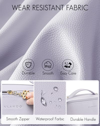 Vlando Makeup Bag,Large Capacity Toiletry Bag for Women Waterproof Portable Make up Pouch PU Leather Open Flat Cosmetic Bag(Purple) - Image 2