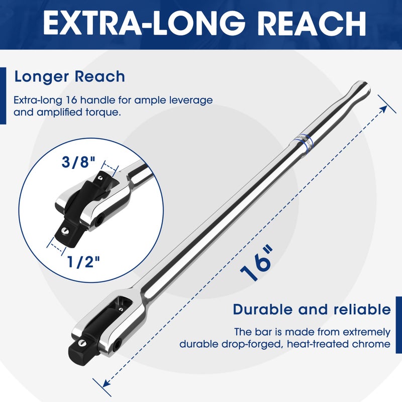 WORKPRO Dual Drive Breaker Bar, 3/8" & 1/2" Drive, Heavy Duty Breaker Bars, 16-inch Length with 360Â° Rotatable Head, Spring-loaded Detent Ball, Chrome Vanadium Steel Made - Image 2