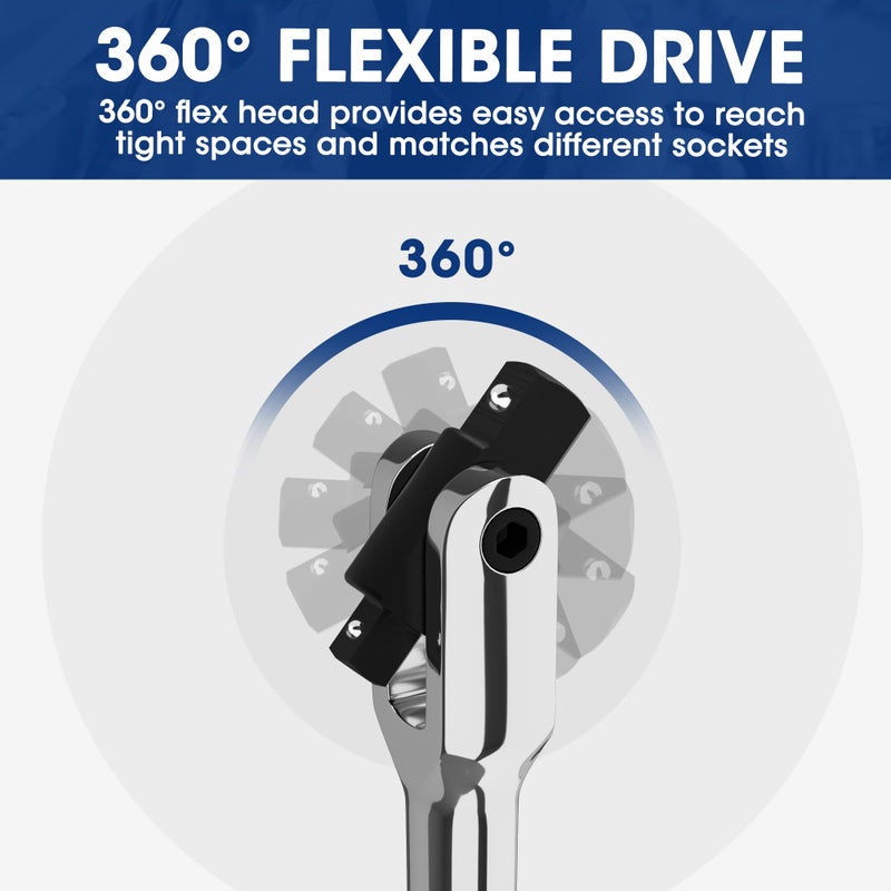 WORKPRO Dual Drive Breaker Bar, 3/8" & 1/2" Drive, Heavy Duty Breaker Bars, 16-inch Length with 360Â° Rotatable Head, Spring-loaded Detent Ball, Chrome Vanadium Steel Made - Image 5