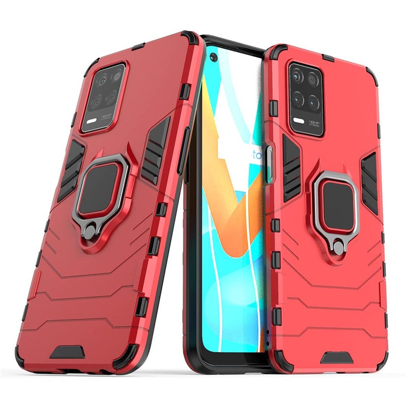 Compatible with OPPO Realme 8 5G Realme V13 5G Case Metal Ring Grip Kickstand Bumper Works with Magnetic Car Mount Dual Layer Rugged Cover Red