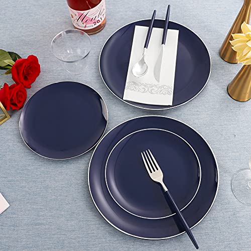 KIRE 175Pcs Blue Plastic Plates with Silver Rim & Disposable Silverware with Blue Handle & Silver-rim Cups & Hand Napkin & Plastic Dinnerware for Parties/Wedding - Image 4