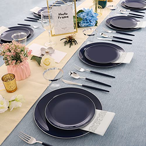 KIRE 175Pcs Blue Plastic Plates with Silver Rim & Disposable Silverware with Blue Handle & Silver-rim Cups & Hand Napkin & Plastic Dinnerware for Parties/Wedding - Image 5