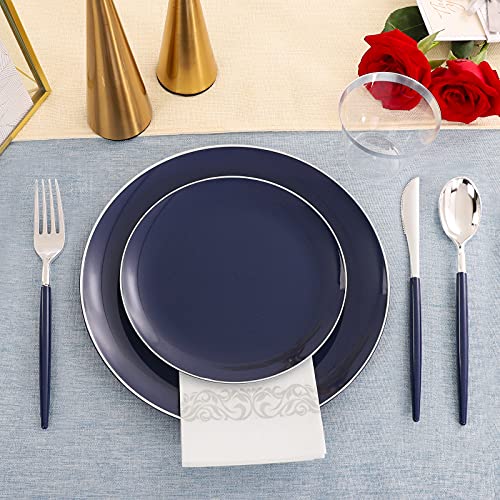 KIRE 175Pcs Blue Plastic Plates with Silver Rim & Disposable Silverware with Blue Handle & Silver-rim Cups & Hand Napkin & Plastic Dinnerware for Parties/Wedding - Image 3