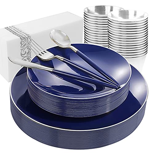 KIRE 175Pcs Blue Plastic Plates with Silver Rim & Disposable Silverware with Blue Handle & Silver-rim Cups & Hand Napkin & Plastic Dinnerware for Parties/Wedding - Image 1