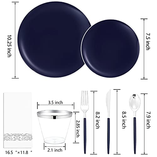 KIRE 175Pcs Blue Plastic Plates with Silver Rim & Disposable Silverware with Blue Handle & Silver-rim Cups & Hand Napkin & Plastic Dinnerware for Parties/Wedding - Image 2