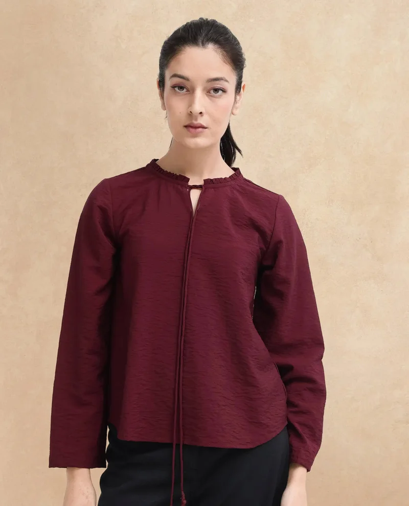 Rareism Rareism Women Mili Maroon Ruffled Sleeves Ruffled Neck Tie Up Closure Plain Top