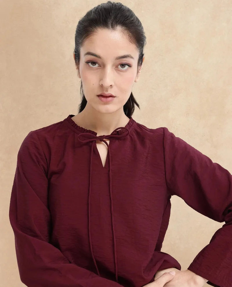 Rareism Rareism Women Mili Maroon Ruffled Sleeves Ruffled Neck Tie Up Closure Plain Top