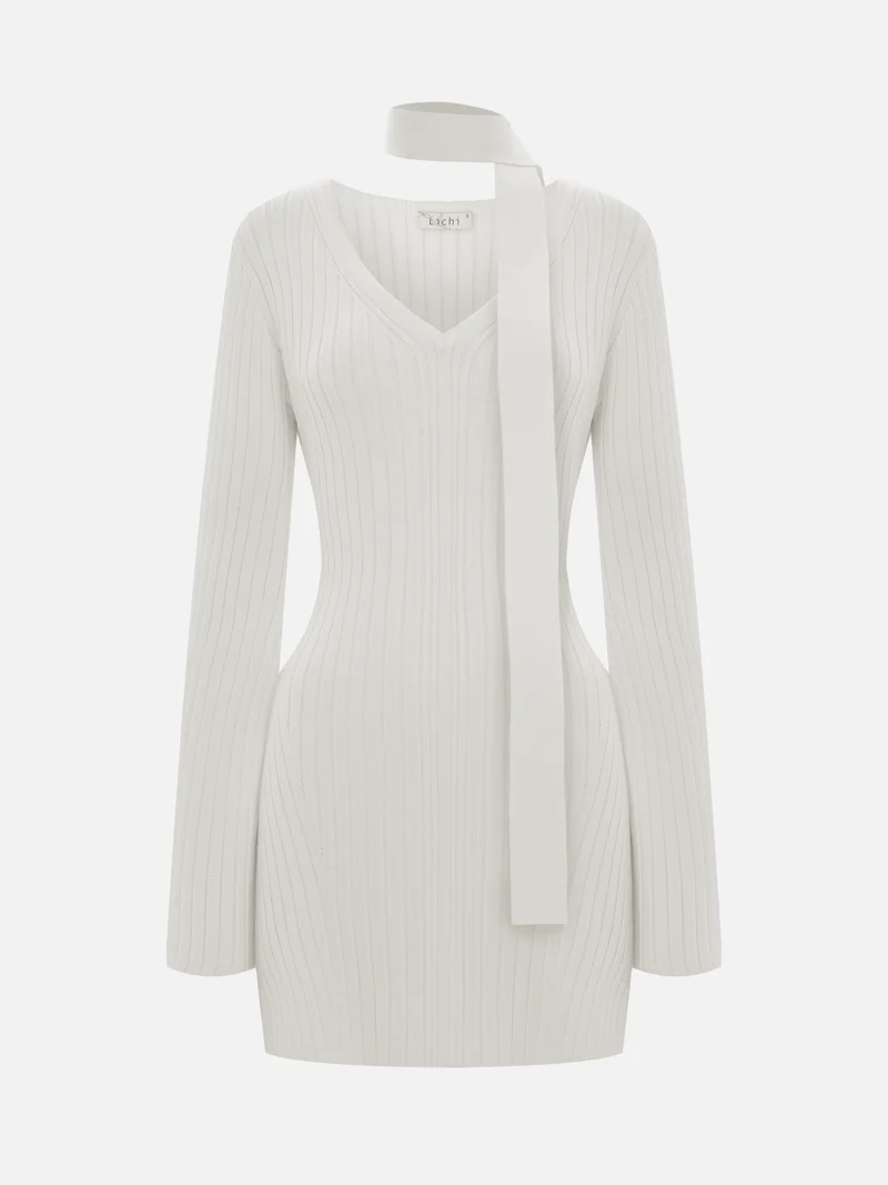 ليتشي Mini jersey dress with ribbon scarf