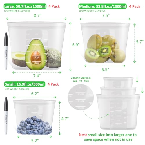 Annaklin 100% Platinum Silicone Reusable Storage Bags, 12 Pack, Premium Silicone Food Storage Bag Stand-Up Wide-Mouth Zip-Lock, Freezer Microwave Oven Dishwasher Safe, 4 M + 4 S + 4 XS, Crystal-Clear - Image 3