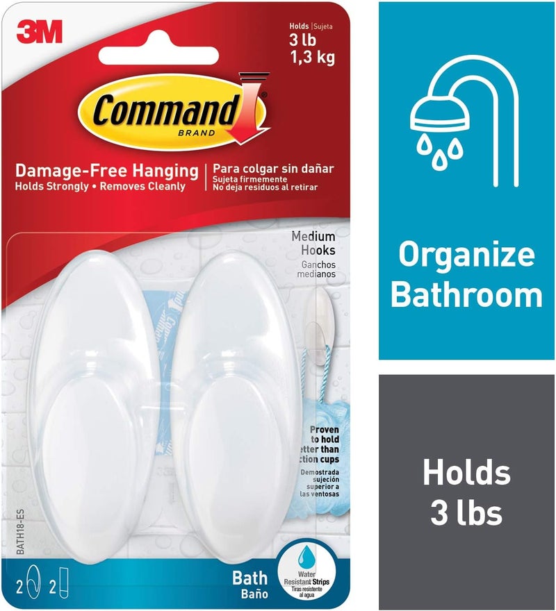 Command Bath Medium Hook | Holds 1.3 kg each hook | Clear Color | Water-Resistant Strips | Organize | Decoration | No Tools | Holds Strongly | Damage-Free Hanging | 2 hooks + 3 strips/pack - Image 1