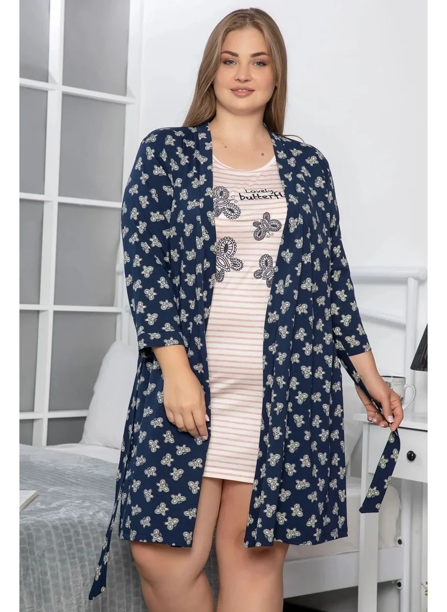 Monamise 18236 Women's Plus Size Nightgown Dressing Gown Set - Navy Blue