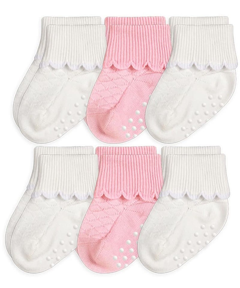 Jefferies Socks Baby Girls' Non-Skid Scalloped Turn Cuff 6 Count (Pack of 1), White/Pink, Toddler, Shoe Size 3-7 - Image 1