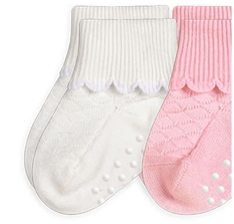 Jefferies Socks Baby Girls' Non-Skid Scalloped Turn Cuff 6 Count (Pack of 1), White/Pink, Toddler, Shoe Size 3-7 - Image 2