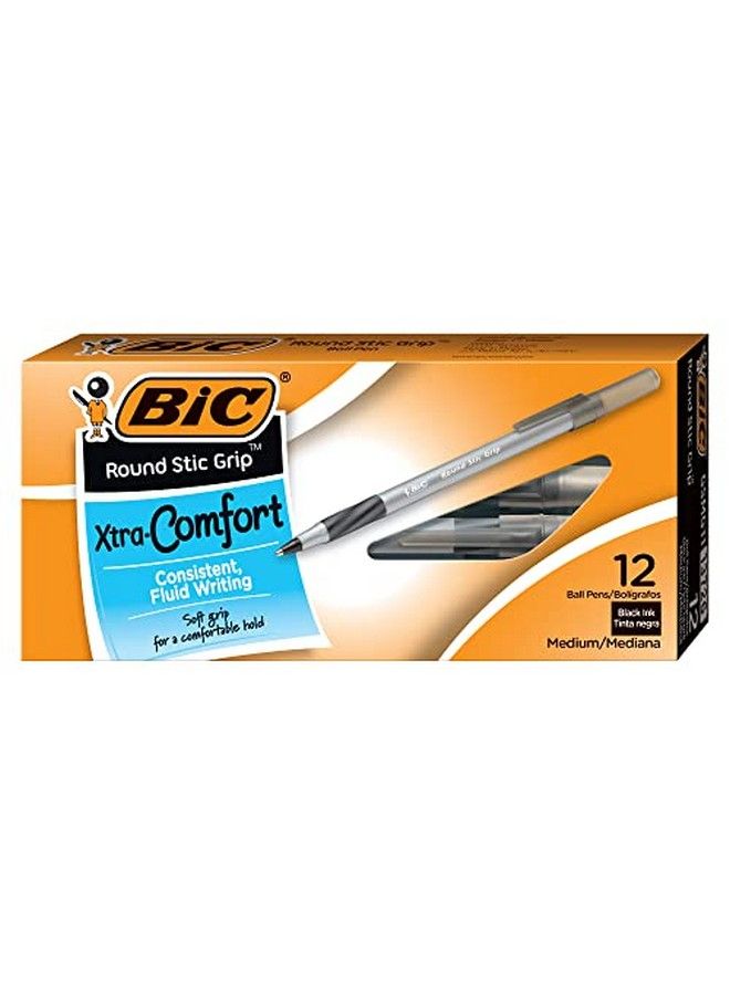 Bic Round Stic Grip Xtra Comfort Ballpoint Pen Medium Point (1.2Mm) Black 12Count - Image 1
