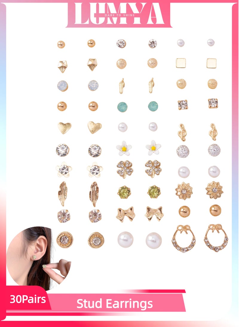 لوميا مجموعة من 30 زوجًا من أقراط الأذن المرصعة باللؤلؤ الصناعي الملون بتصميمات قلب وزهرة وفراشة، مطلية بالذهب، مجوهرات مضادة للحساسية للنساء والفتيات للارتداء اليومي - Image 2