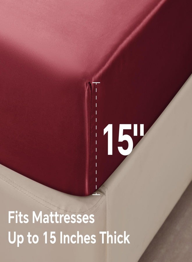 بيديليت طقم ملاءة سرير وأغطية وسائد من الساتان من BEDELITE، ملاءة سرير فاخرة ناعمة تشبه الحرير مع أشرطة مطاطية في الزوايا، جيب عميق يصل إلى 15 بوصة، ملاءة سرير واحدة و2 غطاء وسادة (مقاس كامل، لون عنابي). - Image 5