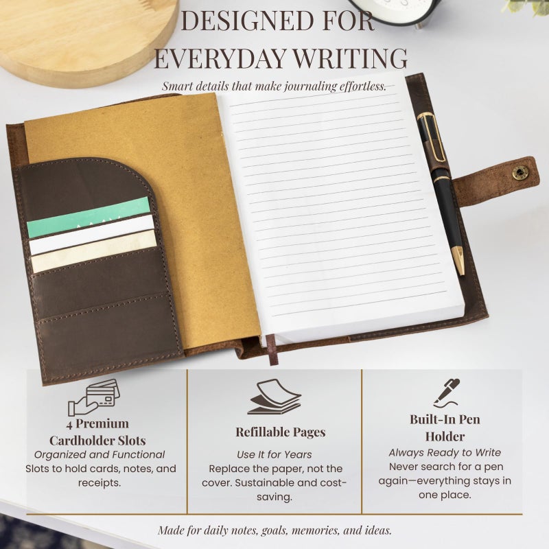 NomadCraftsCo. A5 Refillable Leather Journal for Men and Women with Pen, Leather Notebook, Bound Cover, Premium Writing Diary - Image 3