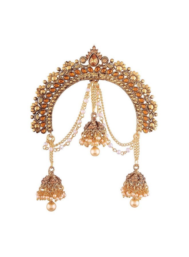 Peora Indian Wedding Jewellery Kundan Pearl Hair Accessary Juda Pin with Hanging Jhumkis for Women Girls (1 pc) - Image 1