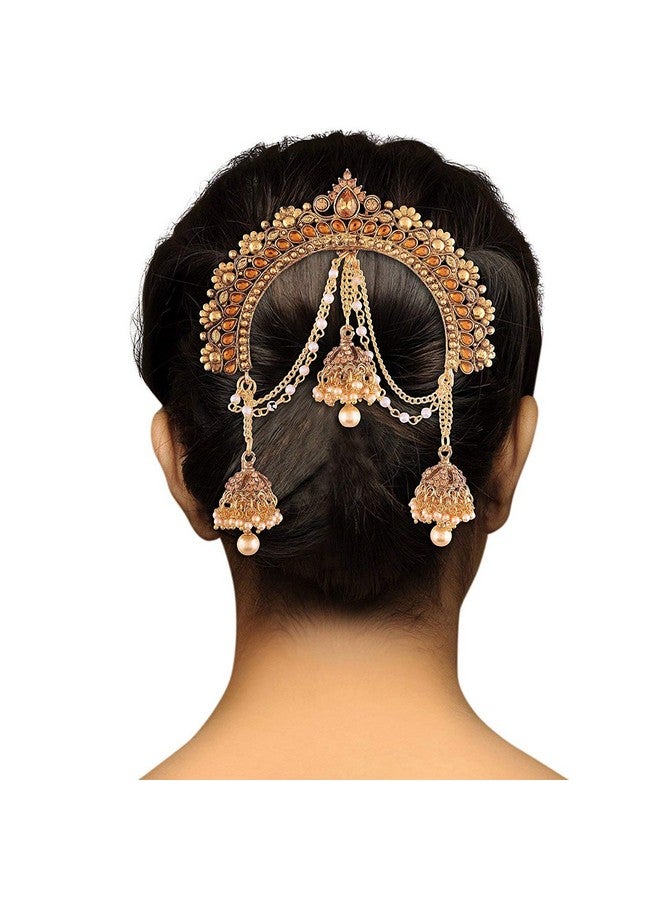 Peora Indian Wedding Jewellery Kundan Pearl Hair Accessary Juda Pin with Hanging Jhumkis for Women Girls (1 pc) - Image 2