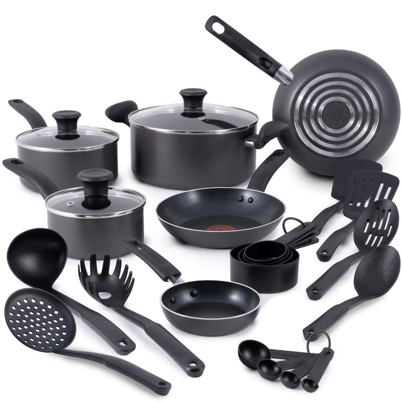 T-fal Initiatives Nonstick Cookware Set 18 Piece, Oven Broiler Safe 350F, Kitchen Cooking Set w/Fry Pans, Saucepans, Stockpots, Skillet, Spoons, Lids Pots and Pans Set, Dishwasher Safe, Stone Grey - Image 1