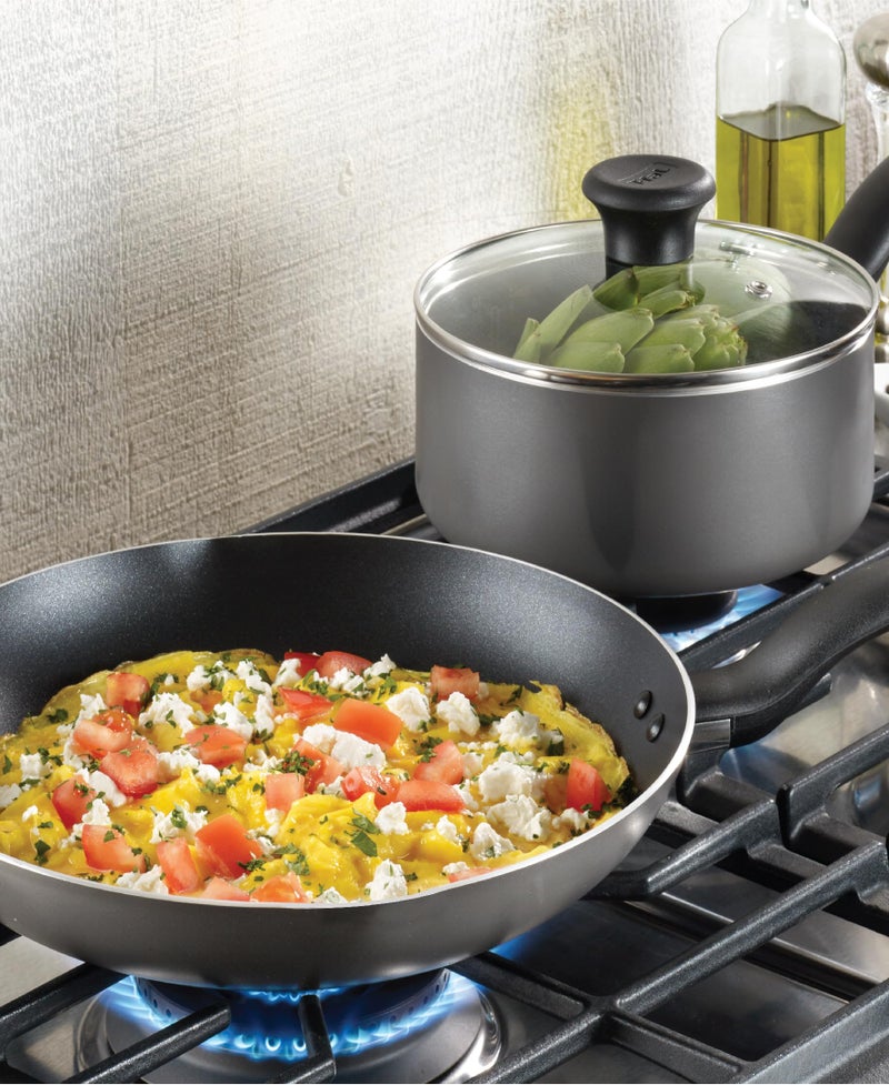 T-fal Initiatives Nonstick Cookware Set 18 Piece, Oven Broiler Safe 350F, Kitchen Cooking Set w/Fry Pans, Saucepans, Stockpots, Skillet, Spoons, Lids Pots and Pans Set, Dishwasher Safe, Stone Grey - Image 4