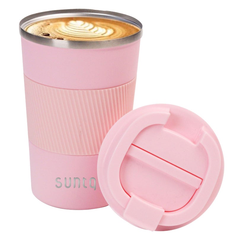 SUNTQ Reusable Coffee Cups Travel  Coffee Travel Mug with Leakproof Lid  Thermal Mug Insulated Cup  Stainless Steel Travel Cup with Rubber Grip  for Hot and Cold Drinks 13oz380ml Pink