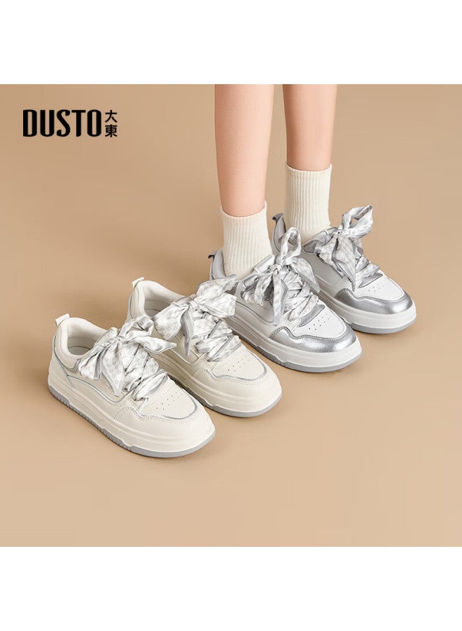 DUSTO Dadong White Sneakers For Women, Spring New Casual Flat Mid-heel Lace-up Round Toe Patchwork Material C7520 - Image 2