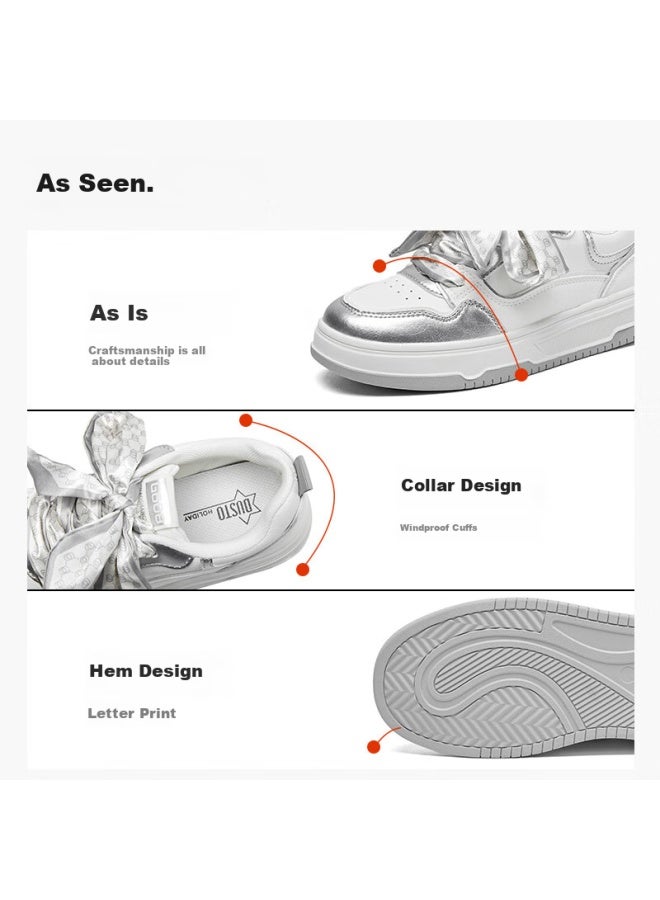 DUSTO Dadong White Sneakers For Women, Spring New Casual Flat Mid-heel Lace-up Round Toe Patchwork Material C7520 - Image 1