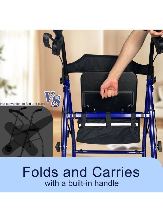 Retaoldth Foldable Rollator Walker with Seat for Seniors, 8'' Big Wheels, 350 lb Weight Capacity, Adjustable Handles and Seat Height, Lightweight Rolling Walker, Blue - Image 2