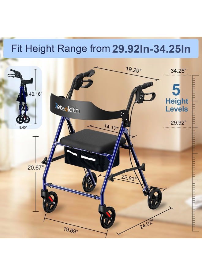 Retaoldth Foldable Rollator Walker with Seat for Seniors, 8'' Big Wheels, 350 lb Weight Capacity, Adjustable Handles and Seat Height, Lightweight Rolling Walker, Blue - Image 5