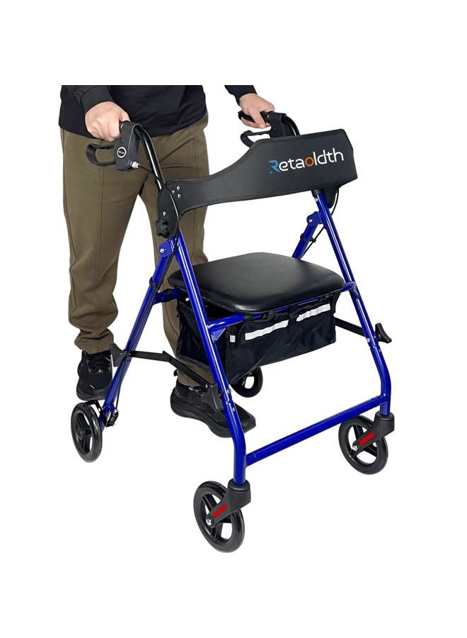 Retaoldth Foldable Rollator Walker with Seat for Seniors, 8'' Big Wheels, 350 lb Weight Capacity, Adjustable Handles and Seat Height, Lightweight Rolling Walker, Blue - Image 1